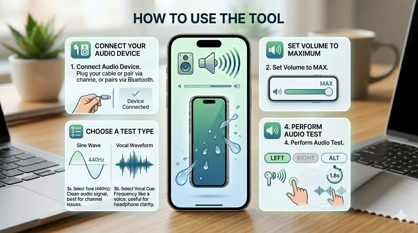 A detailed infographic titled "HOW TO USE THE SOUND TEST TOOL" set against a professional office background with a laptop and a potted plant. The central image shows a smartphone displaying water droplets being ejected from its screen. Surrounding the central phone are four numbered instruction panels: Connect Your Audio Device: Shows a hand plugging in a cable and an icon for Bluetooth pairing. Set Volume to Maximum: Illustrates a volume slider moved to the "MAX" position. Choose a Test Type: Displays a comparison between a 440Hz "Sine Wave" for clean audio signals and a "Vocal Waveform" for testing voice clarity. Perform Audio Test: Features interactive buttons for "LEFT," "RIGHT," and "ALT" (1.8s) to test individual speaker channels or alternate between them.
