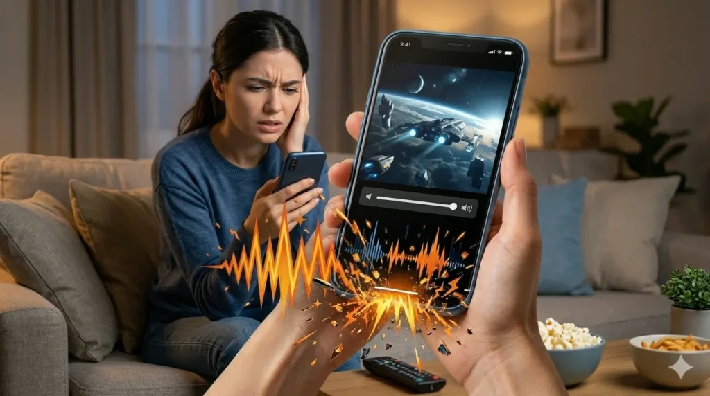 A first-person perspective of a person holding a smartphone that is playing a sci-fi movie with a high volume bar visible on the screen. Aggressive, jagged orange and yellow "crackling" sound wave graphics burst from the bottom speaker of the phone. In the background, a woman sits on a living room sofa, looking confused and frustrated while holding her own device. A bowl of popcorn and a TV remote are visible on the coffee table, creating a cozy home entertainment atmosphere that has been disrupted.