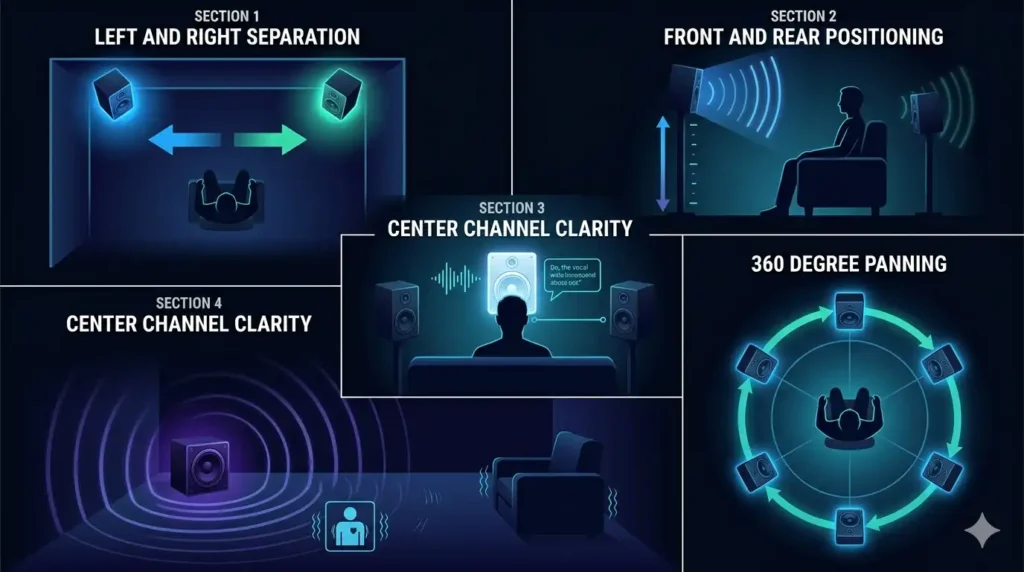 A technical infographic diagram split into five dark navy panels, each illustrating a different audio checkpoint for a surround sound speaker test.Section 1 (Top Left): "Left and Right Separation" displays a top-down view of a listener with distinct blue and teal arrows pointing to separate left and right wall speakers.Section 2 (Top Right): "Front and Rear Positioning" shows a side profile of a seated listener with directional sound waves coming from an elevated front speaker and a rear speaker.Section 3 (Center): "Center Channel Clarity" features a front-facing view of a listener focused on a bright central speaker emitting a vocal waveform.Section 4 (Bottom Left): "Center Channel Clarity" (visually depicting a subwoofer test) shows a floor-level view of a subwoofer radiating thick, purple concentric bass waves toward a vibrating armchair.Section 5 (Bottom Right): "360 Degree Panning" illustrates a top-down view of a listener completely surrounded by six speakers connected by a continuous, circular teal arrow representing smooth audio panning.