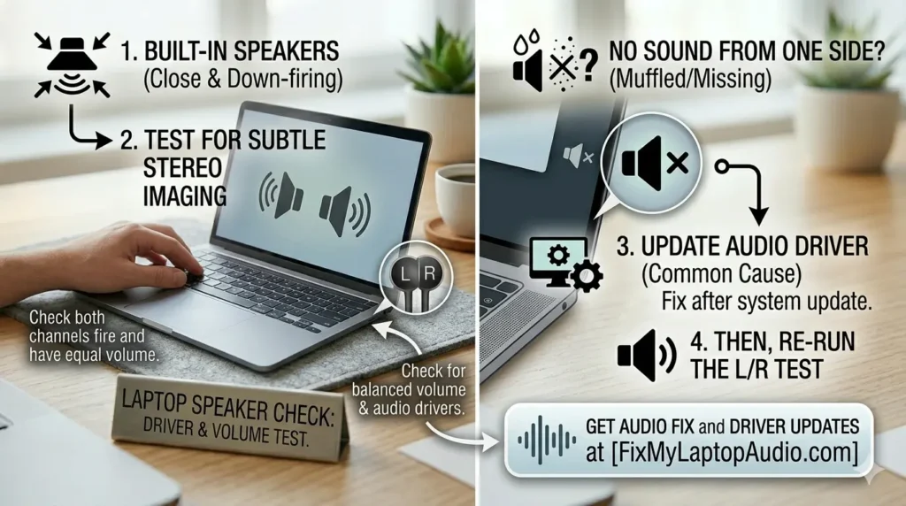 An infographic illustrating steps for testing and fixing laptop audio issues. The image features a laptop on a wooden desk with illustrative icons and text overlay. The left side, under "LAPTOP SPEAKER CHECK," details steps to test for subtle stereo imaging with a hand using the laptop. The right side, labeled "GET AUDIO FIX and DRIVER UPDATES," lists symptoms like missing sound and provides steps to update audio drivers and re-run tests, with a call to action link: [FixMyLaptopAudio.com]. The background includes plants and office elements.