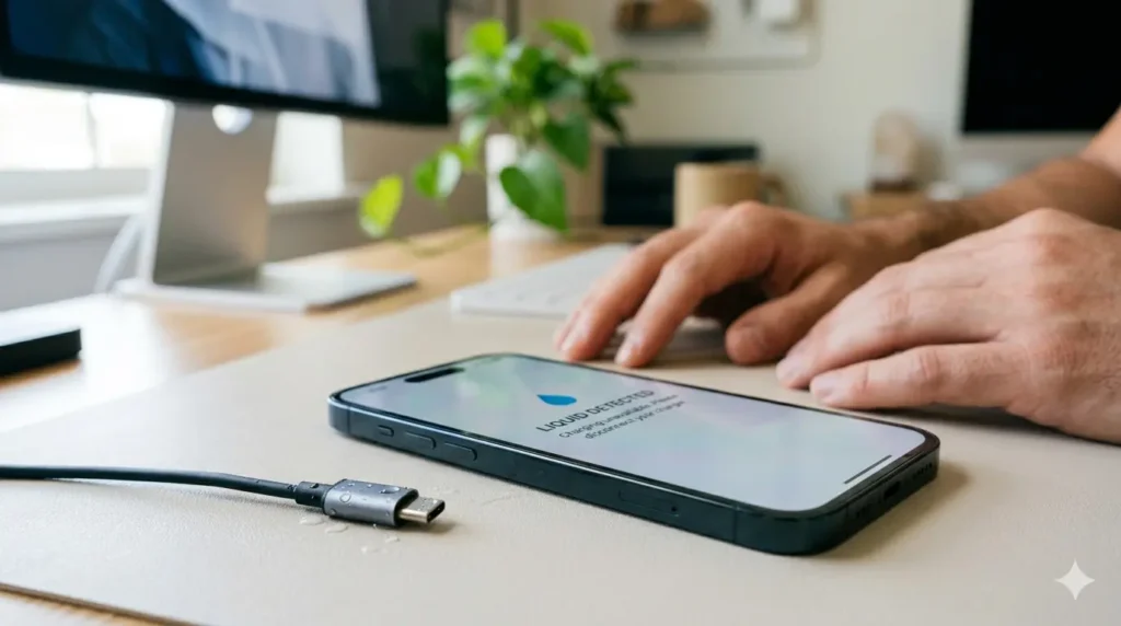 A close-up photograph of a modern smartphone lying face-up on a light-colored desk, identical to the setting in image. The screen is illuminated, prominently displaying a large warning icon of a blue water droplet with a slash through it, and the text "LIQUID DETECTED: Charging is disabled to protect your device." A charging cable is resting unplugged next to the phone. The background is softly blurred but recognizable as the desk from image, with soft, directional daylight highlighting the screen.
