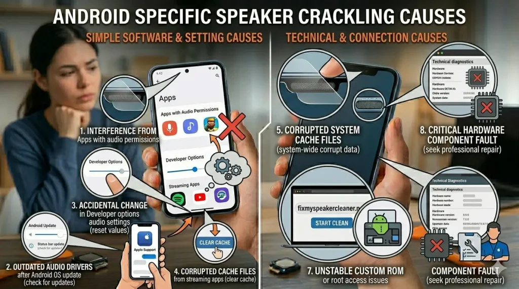 Title and Alt Text for the Infographic
Here are the recommended title and alt text for your generated infographic.Title
Infographic: A Comprehensive Guide to Troubleshooting Android Specific Speaker Crackling CausesAlt Text
A detailed infographic-style photograph set in a home office and repair workspace, providing a clear split-panel comparison of Android speaker crackling causes. The left panel, titled "SIMPLE SOFTWARE & SETTING CAUSES," features a thoughtful woman in the background near a desk with repair tools. A series of large, magnified callout diagrams point to specific Android screens: "1. INTERFERENCE FROM Apps with audio permissions" (Settings menu with app icons), "2. OUTDATED AUDIO DRIVERS after Android OS update" (Update screen with status bar), "3. ACCIDENTAL CHANGE in Developer options audio settings" (Developer Options screen), and "4. CORRUPTED CACHE FILES from streaming apps" (Streaming App menu with generic icons). The right panel, titled "TECHNICAL & CONNECTION CAUSES," focuses on systemic issues and shows the hand holding a second phone. Comprehensive diagnostic callouts include: "5. CORRUPTED SYSTEM CACHE FILES" (technical diagnostic tool), "6. MANUFACTURER-SPECIFIC AUDIO ISSUE" (manufacturer support page diagram), "7. UNSTABLE CUSTOM ROM or root access issues" (Custom ROM flashing tool icon), and "8. CRITICAL HARDWARE COMPONENT FAULT" (magnified circuit board chip with a red "X" and diagnostic tool). All labels are enlarged for clarity and ease of reading, contrasting physical and digital problems on an Android device.