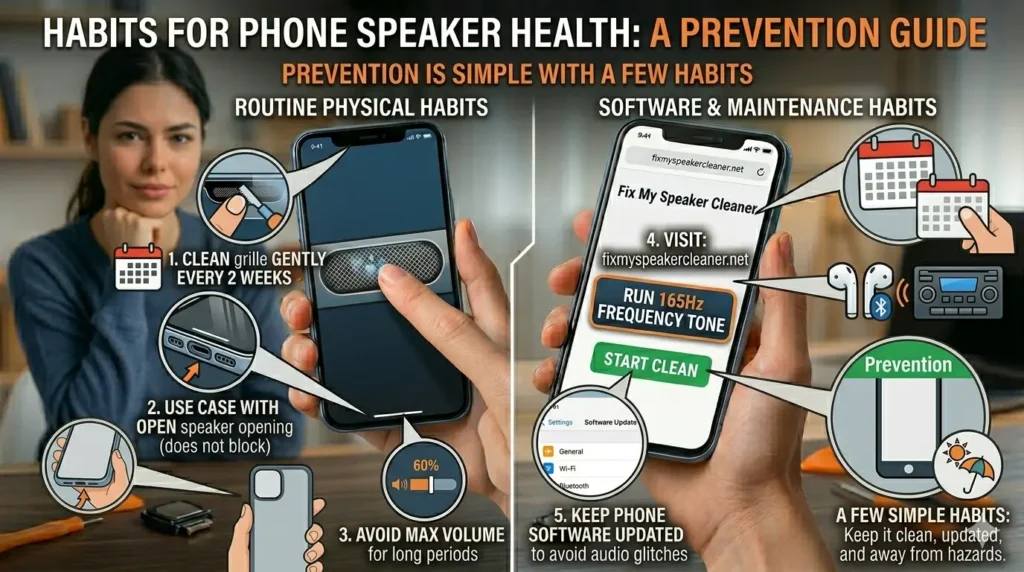 A split-panel infographic in a photo-realistic setting, presented as a prevention guide for maintaining phone speaker health. The left panel, titled "ROUTINE PHYSICAL HABITS," shows a woman in the background near a desk with repair tools. Large, magnified callout diagrams point to specific physical care actions: "1. CLEAN grille GENTLY EVERY 2 WEEKS" (with a gentle brush illustration and calendar); "2. USE CASE WITH OPEN speaker opening (does not block)" (with a finger pointing to a clean cutout); "3. AVOID PLAYING AUDIO AT MAX VOLUME FOR LONG PERIODS" (a generic mid-range volume bar, 60%, is shown); and a general diagram for "KEEP GENTLY CLEAN AND DRY." The right panel, titled "SOFTWARE & MAINTENANCE HABITS," features a close-up of a hand holding a second phone with magnified callouts pointing to specific technical and maintenance tasks: "4. RUN fixmyspeakercleaner.net MONTHLY FOR MAINTENANCE" (laptop screen detail with the website and "CLEANING IN PROGRESS" connected to water ejecting from a phone speaker); "5. KEEP PHONE SOFTWARE UPDATED TO AVOID AUDIO GLITCHES" (settings screen detail with the "Software Update" menu); "6. MANAGE CONNECTIONS (GENERICpod/Bluetooth illustrative diagram)"; and "7. (Generic technical component detail with small 'Prevention' checkmarks)". All labels are enlarged for clarity with a consistent, readable font. The style is a photo-realistic scene integrated with clean, logical technical diagrams.