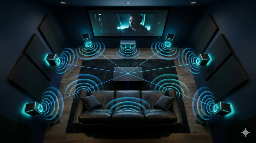 An isometric top-down visualization of a modern, acoustically treated home theater with a 7.1 surround sound system. The room is dark with deep blue walls and a wood floor. A black leather sofa with three pillows faces a large projection screen displaying a male character from a sci-fi film. Seven perimeter speakers (front, side, and rear) and one central node on a coffee table emit concentric blue-teal glowing sound wave rings. Thin, electric-blue lines connect all eight points (speakers and center node) into a precise network for diagnostic and calibration visualization. Dark rectangular acoustic panels line the side walls. The image is a technical, diagnostic diagram.