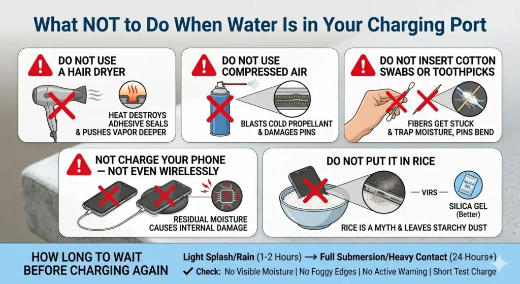A comprehensive infographic presented in a series of distinct panels against a textured light gray concrete background. The top of the image features the bold heading "What NOT to Do When Water Is in Your Charging Port". Below this, five rounded panels with red warning symbols illustrate common mistakes:Panel 1: "DO NOT USE A HAIR DRYER": A generic hair dryer crossed out, showing heat damaging internal seals and pushing vapor.Panel 2: "DO NOT USE COMPRESSED AIR": A compressed air can crossed out, illustrating cold propellant and high pressure damaging internal pins.Panel 3: "DO NOT INSERT COTTON SWABS OR TOOTHPICKS": Hands attempting to insert these items, both crossed out. Magnified view shows trapped fibers.Panel 4: "DO NOT CHARGE YOUR PHONE — NOT EVEN WIRELESSLY": Two phones, one wired and one on a wireless pad, both crossed out, showing internal electrical damage.Panel 5: "DO NOT PUT IT IN RICE": A phone buried in a bowl of rice, crossed out. A magnified view shows starchy dust, contrasting with a better silica gel icon.At the bottom of the image, a full-width blue section contains the heading "HOW LONG TO WAIT BEFORE CHARGING AGAIN" with a timeline: "Light Splash/Rain (1-2 Hours) -> Full Submersion/Heavy Contact (24 Hours+)". Icons and checkmarks below indicate checking for no visible moisture, no foggy edges, and performing a test charge.