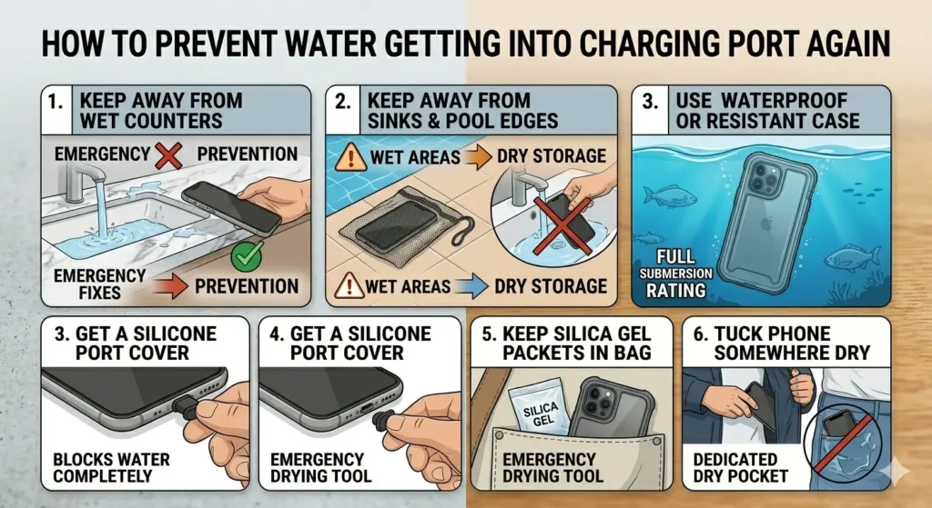 A multi-panel prevention guide titled "HOW LONG TO WAIT BEFORE CHARGING AGAIN" (noted: the generated image contains a title error and should ideally read "How to Prevent Water Getting Into Charging Port Again"). The infographic features six instructional panels:Panel 1: "KEEP AWAY FROM WET COUNTERS": Shows a hand moving a phone away from a running sink toward a dry area, labeled with a green checkmark for prevention.Panel 2: "KEEP AWAY FROM SINKS & POOL EDGES": Illustrates moving a phone from a "Wet Area" near a pool to "Dry Storage" in a protective mesh bag.Panel 3: "USE WATERPROOF OR RESISTANT CASE": Displays an iPhone submerged underwater inside a heavy-duty clear waterproof case with fish swimming in the background.Panel 4: "GET A SILICONE PORT COVER": Two sub-panels demonstrate a hand inserting a small black silicone plug into a phone's charging port to "block water completely."Panel 5: "KEEP SILICA GEL PACKETS IN BAG": Shows a "Silica Gel" packet tucked into a bag pocket next to a phone for emergency drying.Panel 6: "TUCK PHONE SOMEWHERE DRY": A comparison showing a phone being placed in a dedicated dry jacket pocket rather than a wet pants pocket (which is crossed out with a red line).