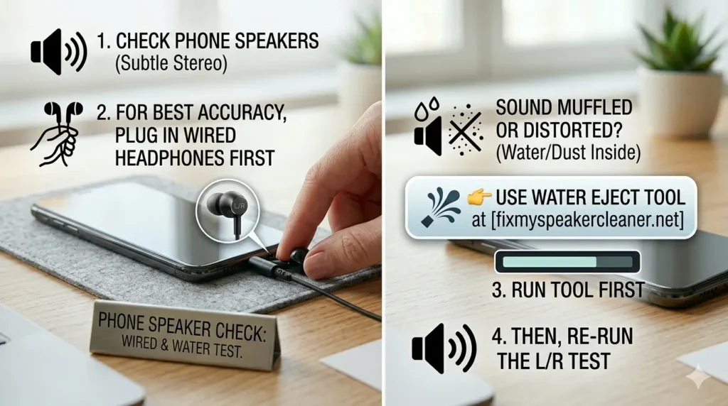 A professional two-paneled infographic. The left panel shows a smartphone on a grey felt mat with a pair of wired earbuds being plugged in; text instructions include "1. CHECK PHONE SPEAKERS (Subtle Stereo)" and "2. FOR BEST ACCURACY, PLUG IN WIRED HEADPHONES FIRST." The right panel provides troubleshooting steps for distorted audio, featuring a prominent call-to-action button that reads "USE WATER EJECT TOOL at [fixmyspeakercleaner.net]" with a water spray icon. Below the button, text instructions advise to "3. RUN TOOL FIRST" and "4. THEN, RE-RUN THE L/R TEST." Both panels are set against a bright, blurred office background with a wooden desk and a small potted plant.