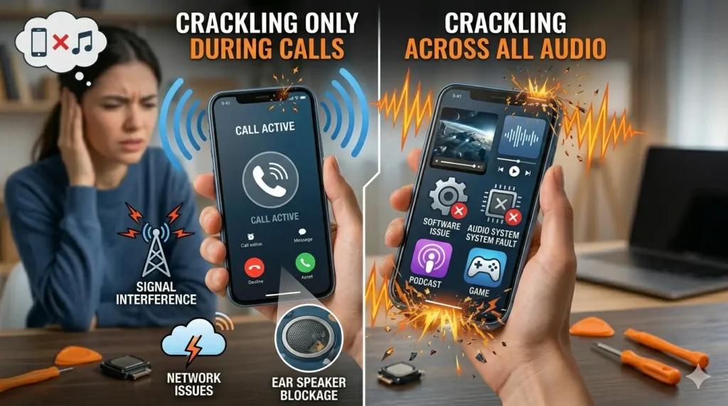 A detailed infographic-style photograph set in a home office/repair workspace, providing a split-panel comparison. The left panel, titled "CRACKLING ONLY DURING CALLS," shows a hand holding a smartphone displaying an active call screen ("CALL ACTIVE"). A pained woman in the background covers her ear in distress. Diagram icons illustrate potential causes: "SIGNAL INTERFERENCE" (cellular tower with jagged red lines) and "NETWORK ISSUES" (cloud with broken signal). The right panel, titled "CRACKLING ACROSS ALL AUDIO," shows another hand holding a smartphone displaying a matrix of media player interfaces (video, music, podcast, game). Intense, chaotic orange jagged sound waves burst from all speaker grilles. Icons and labels show systemic causes with red "X" overlays: "SOFTWARE ISSUE" and "AUDIO SYSTEM SYSTEM FAULT." Below the phones, repair tools (screwdrivers, prying tools, cleaning cloth) and a loose small speaker component are visible on the desk. All on-phone labels are enlarged and clearer than the original image, with larger fonts throughout. The style is a photo-realistic scene integrated with clean, logical technical diagrams.