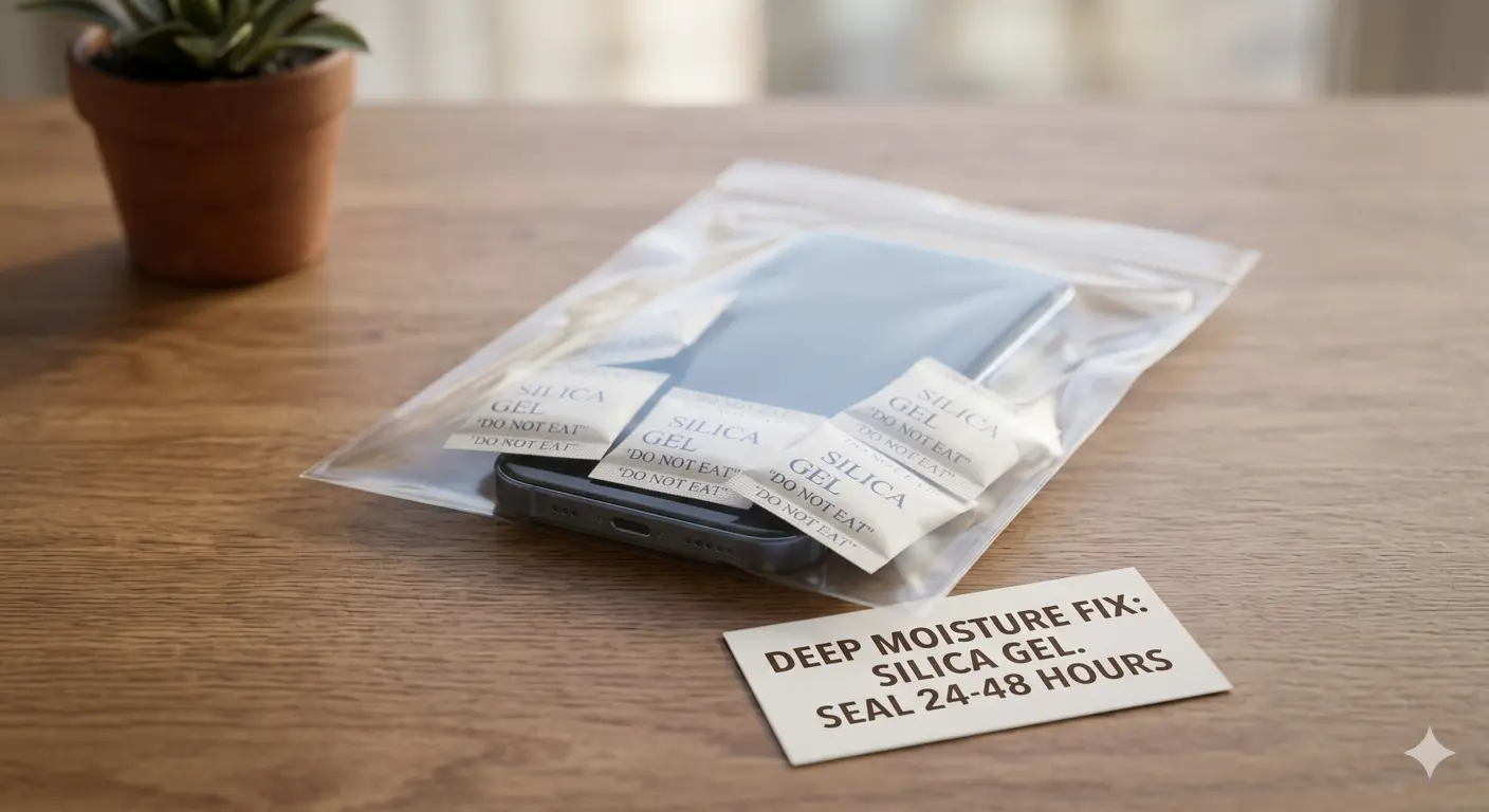 A close-up photograph of a smartphone placed inside a clear, sealed zip-lock bag on a wooden desk. Four white silica gel packets labeled "SILICA GEL - DO NOT EAT" are spread across the phone's surface inside the bag to absorb deep moisture. A small white card in the foreground contains the text: "DEEP MOISTURE FIX: SILICA GEL. SEAL 24-48 HOURS." The background remains consistent with previous images in the guide, showing a blurred terracotta potted plant and soft natural lighting.
