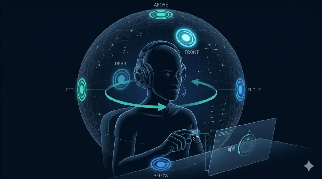 A technical illustration on a dark background showing a human silhouette wearing headphones with a microphone. A wireframe sphere surrounds the person's head, marked with six directional audio positions: Front (brightest and elevated), Rear (behind), Left, Right, Above, and Below. Each marker is a glowing ring of different blue and teal intensities. A circular teal arrow ring orbits the head, illustrating smooth 360-degree sound panning. The person's hand is shown pressing a holographic cursor, suggesting interaction with a spatial audio test tool on a semi-transparent screen in front of them, which displays a speaker and circular control. The illustration uses an ultra-sharp, holographic floating sphere aesthetic with electric blue and teal glowing accents, and contains no text labels on the image itself.