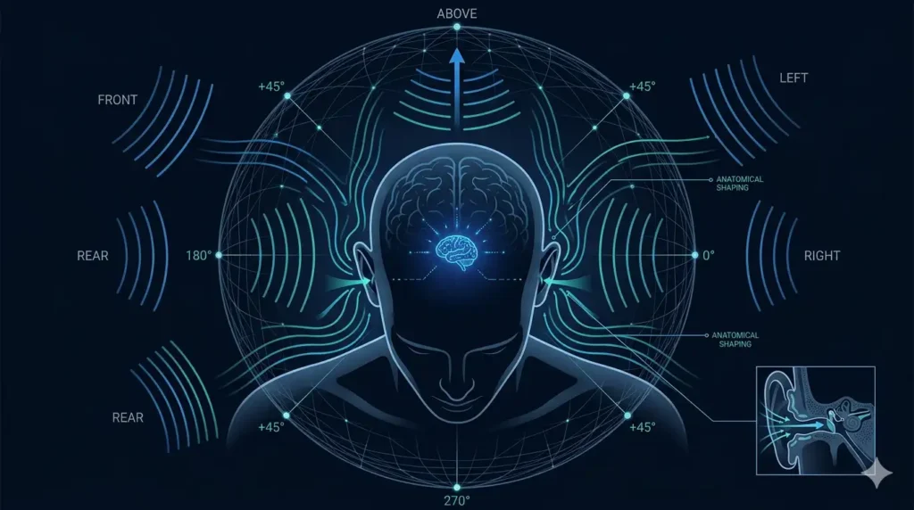 A technical infographic diagram on a dark background showing a human head silhouette at the center. Sound waves approach from labeled directions: front, rear, left, right, and above. These waves bend and diffract around the head shape before entering the ear canals. Thin blue data lines illustrate the anatomical filtering and transformation of the audio signals, leading to a glowing brain icon inside the head, symbolizing spatial perception. A digital wireframe sphere around the head marks 3D measurement points at various directions and angles. A small inset box in the corner details a cross-section of the ear canal and eardrum with arrows showing filtered sound waves. The entire illustration is a clean, sharp scientific diagram with electric blue and teal glowing accents against deep navy.