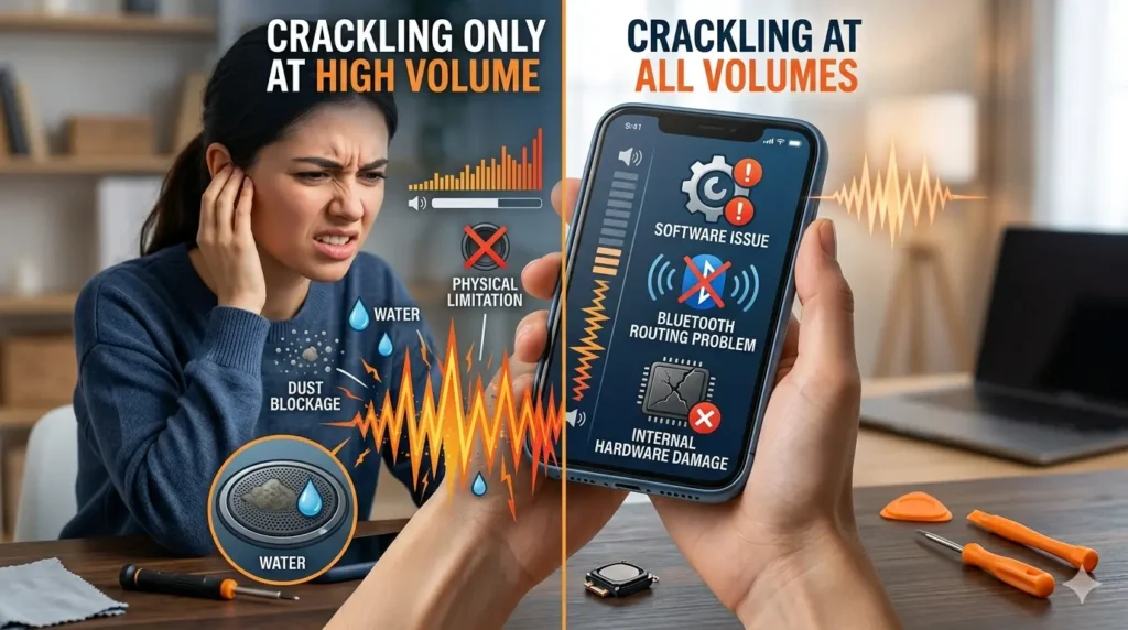 A educational split-panel infographic in a photo-realistic setting, explaining phone speaker crackling. On the left, labeled "CRACKLING ONLY AT HIGH VOLUME," a woman is wincing and covering an ear in distress. Above her are sound wave graphs and a red "X" over "PHYSICAL LIMITATION," with icons and labels for physical causes like "DUST BLOCKAGE" and "WATER." Below this, a detailed inset of a circular speaker with dust and water drops is shown, labeled "WATER." The right panel, titled "CRACKLING AT ALL VOLUMES," features a user holding a smartphone that displays a screen with technical diagnostic icons and labels: "SOFTWARE ISSUE" (with warning gears), "BLUETOOTH ROUTING PROBLEM" (crossed-out Bluetooth symbol), and "INTERNAL HARDWARE DAMAGE" (with a red "X"). The smartphone screen also features an on-screen volume bar and jagged sound wave representations. To the right of the phone are repair tools (spudgers, screwdriver, cleaning cloth) and a loose small speaker component, all on a wooden desk. The background is a soft-focus living room and home office. The overall style is modern and high-detail, contrasting physical and digital problems.