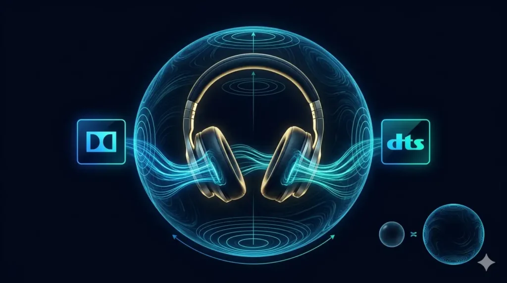 A technical visualization on a deep navy background showing a high-quality, over-ear headphone model. Two glowing blue technology badge icons, representing Dolby Atmos-style (left, abstract curve) and DTS-style (right, angular logo) formats, float beside it. A complex, glowing electric blue wireframe sphere encloses the headphones, marking multiple directional audio test points and angles (including Above, Rear, Front, Left, Right, Below). The scene depicts advanced HRTF processing signal lines flowing from each ear cup to create a full 3D sphere of sound, visibly larger and more detailed than a standard bubble, suggesting superior immersion. In the corner, a small comparison diagram contrasts a simple sound bubble with the intricate spatial depth and height of the main 3D sphere to visualize the enhancement. All elements have electric blue, teal, and subtle golden accent glows for a cinematic product visualization feel in a 16:9 widescreen format, with no user text labels.