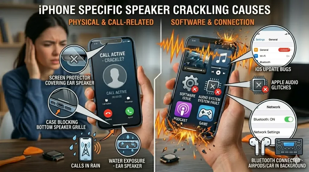 A detailed infographic-style image presented in a split-panel comparison, focused on troubleshooting "iPhone Specific Speaker Crackling Causes." The left panel, titled "PHYSICAL & CALL-RELATED," shows a troubled woman covering her ear. Large, clear callouts with descriptive diagrams point to the phone: "SCREEN PROTECTOR COVERING EAR SPEAKER" (magnified grille with an "X"), "CASE BLOCKING BOTTOM SPEAKER GRILLE" (magnified grille), and a diagram of "CALLS IN RAIN" linked to a detail of water droplets on the ear speaker grille, labeled "WATER EXPOSURE - EAR SPEAKER." The right panel, titled "SOFTWARE & CONNECTION," features a close-up hand holding an iPhone displaying systemic sound distortion. Large, descriptive diagram callouts point to technical issues: "iOS UPDATE BUGS" (Settings screen detail), "APPLE AUDIO GLITCHES" (chip icon with an "X"), and "BLUETOOTH CONNECTED - AIRPODS/CAR IN BACKGROUND" (Bluetooth settings screen with AirPods and car stereo icons). Intense, chaotic orange jagged sound waves burst from all speaker grilles, and system fault icons are visible on the phone screen with red "X" overlays. The surrounding desk space retains the repair tools, and all labels are enlarged for clarity with a consistent, readable font.