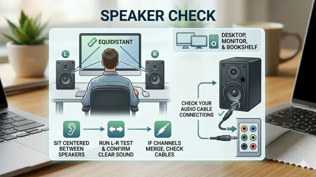 An infographic titled "SPEAKER CHECK" against a blurred office background. The central illustration shows a person at a desk with an all-in-one computer and two speakers, with lines and the word "EQUIDISTANT" indicating correct positioning. Below this are three steps with icons: "SIT CENTERED BETWEEN SPEAKERS," "RUN L-R TEST & CONFIRM CLEAR SOUND," and "IF CHANNELS MERGE, CHECK CABLES." A section on the right shows a close-up of a speaker and a close-up of a color-coded PC audio port, with a 3.5mm jack cable connected to both, with text "CHECK YOUR AUDIO CABLE CONNECTIONS" and a large green checkmark indicating correct connection. A top-right inset box shows text "DESKTOP, MONITOR, & BOOKSHELF" with icons of a monitor and speakers. The graphic uses a clean green and blue color scheme on a wood desk surface with laptops and a plant.