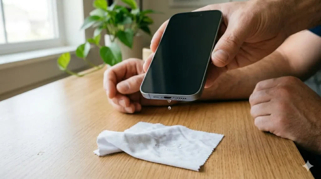 A person’s hands holding a dark smartphone vertically over a wooden desk, with the charging port pointing directly downward. A single droplet of water is captured falling from the port onto a white microfiber cloth placed below. The setting and lighting remain consistent with the previous images in the guide, featuring the same desk and blurred greenery in the background.