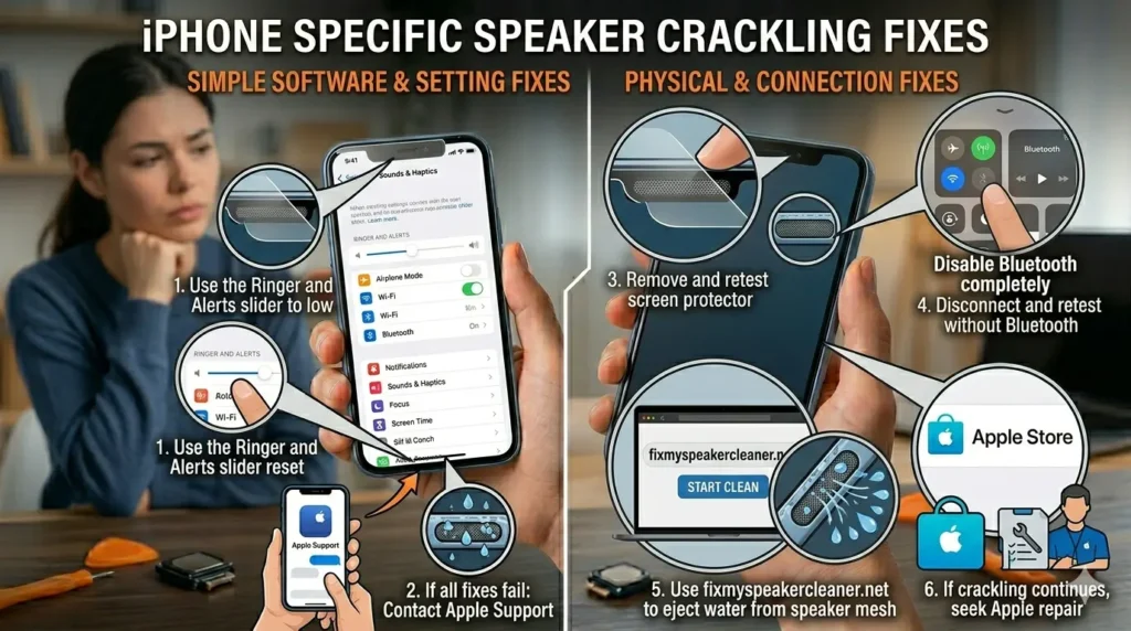 A detailed split-panel infographic in a photo-realistic setting, providing a 6-step guide to fixing iPhone speaker crackling. The left panel, titled "SIMPLE SOFTWARE & SETTING FIXES," shows a troubled woman in the background covering an ear. A large magnified callout from the primary smartphone screen points to the "Settings → Sounds & Haptics" menu. A finger is shown moving the "RINGER AND ALERTS" slider to low, labeled "1. Use the Ringer and Alerts slider reset." Another diagram below this shows a hand holding a phone displaying the official "Apple Support" app, labeled "2. If all fixes fail: Contact Apple Support." The right panel, titled "PHYSICAL & CONNECTION FIXES," features a series of four comprehensive diagnostic callouts. A magnified view of the top ear speaker grille, as seen previously, is shown with a finger lifting the edge of a screen protector, labeled "3. Remove and retest screen protector." Another callout displays the iPhone "Control Center" with the Bluetooth icon grayed out and a finger about to press it, labeled "4. Disconnect and retest without Bluetooth." A magnified callout points to a laptop screen showing the URL "fixmyspeakercleaner.net" with a "START CLEAN" button, positioned next to an iPhone grille illustration with water droplets being ejected, labeled "5. Use fixmyspeakercleaner.net to eject water from speaker mesh." A final callout shows the Apple Store logo and a repair technician, labeled "6. If crackling continues, seek Apple repair." The background retains the desk, repair tools, and the loose speaker part. All labels are enlarged for clarity and ease of reading.