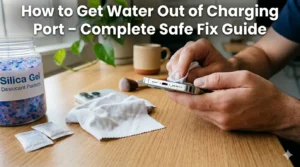 A person carefully cleaning a wet smartphone charging port and a clear text overlay that reads "How to Get Water Out of Charging Port – Complete Safe Fix Guide.