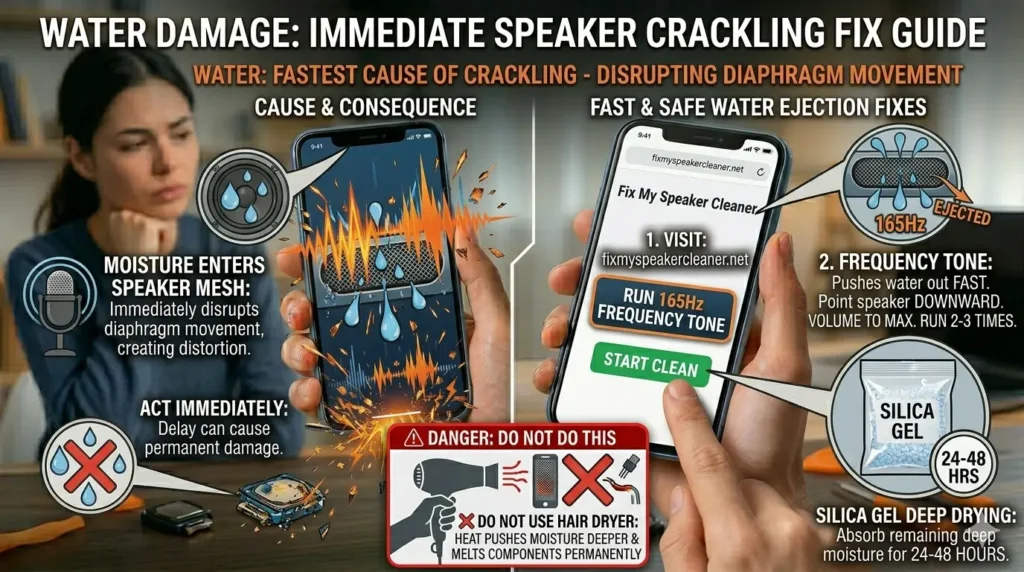 A detailed infographic-style photograph set in a home office/repair workspace, providing a clear split-panel guide. The top main title is "WATER DAMAGE: IMMEDIATE SPEAKER CRACKLING FIX GUIDE" with the overarching statement "WATER: FASTEST CAUSE OF CRACKLING - DISRUPTING DIAPHRAGM MOVEMENT". The left panel, "CAUSE & CONSEQUENCE," shows a close-up on the phone held by hands, with its speaker grille magnified to show prominent water droplets and intense, chaotic orange and blue crackling waves and debris bursting out, conveying significant sound distortion. Large, descriptive text with a graphic of a microphone diaphragm reads: "MOISTURE ENTERS SPEAKER MESH: Immediately disrupts diaphragm movement, creating distortion." Below, a smaller text box with a large red "X" and water droplets reads: "ACT IMMEDIATELY: Delay can cause permanent damage." The loose speaker parts on the desk have visible illustrative water damage effects. The background shows the same woman, now with a determined yet thoughtful look, watching the right panel. The right panel is titled "FAST & SAFE WATER EJECTION FIXES." A second modern smartphone is held by another hand (detailed skin texture), displaying a clean-screen interface for a custom "Fix My Speaker Cleaner" web page at fixmyspeakercleaner.net. A magnified text box on the screen says: "1. VISIT: fixmyspeakercleaner.net". Below it, a large, magnified button with text: "RUN 165Hz FREQUENCY TONE". A finger is shown pressing this button. Next to the phone, a diagram points to the speaker grille showing water droplets and chaotic waves with "165Hz" text being EJECTED downwards. Descriptive text around the phone: "2. FREQUENCY TONE: Pushes water out FAST. Point speaker DOWNWARD. VOLUME TO MAX. RUN 2-3 TIMES." Below the phone, a large callout points to a diagram: "SILICA GEL DEEP DRYING: Absorb remaining deep moisture for 24-48 HOURS." A graphical inset of a sealed clear bag of silica gel packets with "SILICA GEL" and "24-48 HRS" text is shown. A separate, distinct, red-bordered inset diagram at the bottom center of the infographic, labeled "DANGER: DO NOT DO THIS," shows an illustrative silhouette of a hand holding a generic hairdryer blowing hot air into a phone grille. A massive red cross is over the hairdryer and phone, with bold text: " DO NOT USE HAIR DRYER: HEAT PUSHES MOISTURE DEEPER & MELTS COMPONENTS PERMANENTLY". Small diagrams of a melted wire and component are shown. All text is large, clean, and in highly readable English fonts, consistent with the original image's infographic style. The desk tools are still present. The lighting is diffused and professional.