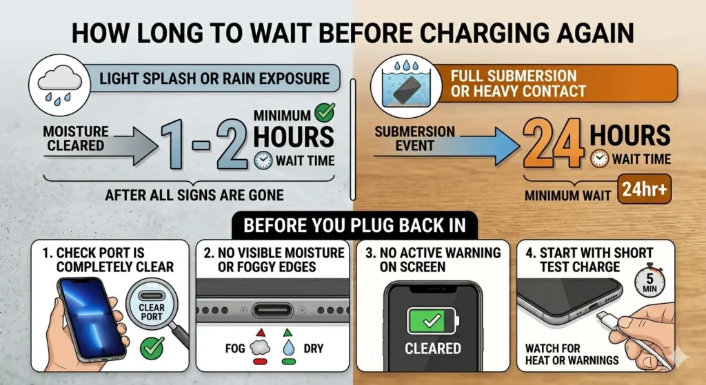A dual-panel infographic on a split background of gray concrete and wood, under the main heading "HOW LONG TO WAIT BEFORE CHARGING AGAIN".The top section compares two scenarios:Light Splash or Rain Exposure: An icon of a rain cloud pointing to a "1-2 HOURS" wait time after moisture is cleared.Full Submersion or Heavy Contact: An icon of a phone submerged in water pointing to a "24 HOURS" minimum wait time.The bottom section, titled "BEFORE YOU PLUG BACK IN", provides a four-step checklist:Check port is completely clear: Shown with a magnifying glass over a clean USB-C port.No visible moisture or foggy edges: A close-up comparison of a "foggy" vs "dry" port.No active warning on screen: A phone screen displaying a green checkmark and "CLEARED".Start with short test charge: An illustration of a hand plugging in a cable with a 5-minute timer, advising to watch for heat or warnings.