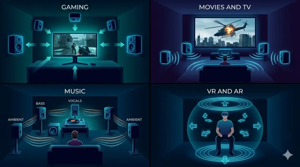 A detailed tech infographic illustrating surround sound use cases in a 2x2 grid. Sections demonstrate directional spatial audio for immersive Gaming, cinematic Movies and TV, multi-channel Music separation, and 360-degree VR/AR audio using glowing electric blue and teal visualizations.
