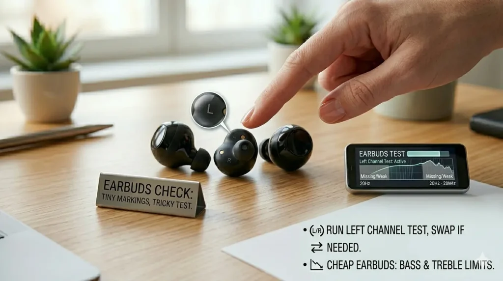 A high-quality photograph of black wireless earbuds resting on a wooden desk next to a metal sign that reads "EARBUDS CHECK: TINY MARKINGS, TRICKY TEST." A hand points toward one earbud, while a circular magnification highlight shows a tiny, hard-to-read "L" marking on the device. A small digital screen nearby displays an "EARBUDS TEST" interface with a frequency response graph showing "Missing/Weak" areas for bass and treble. In the bottom right corner, a concise bulleted list with icons provides instructions: "RUN LEFT CHANNEL TEST, SWAP IF NEEDED" and "CHEAP EARBUDS: BASS & TREBLE LIMITS." The background features a blurred office setting with a potted succulent.