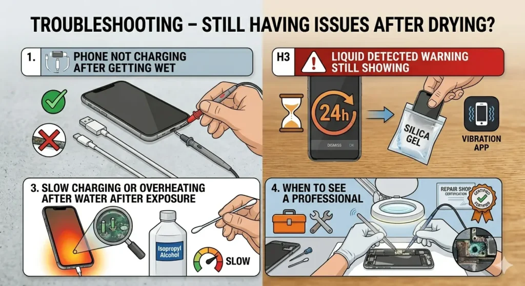A detailed four-panel troubleshooting infographic on a split-tone background, titled "TROUBLESHOOTING – STILL HAVING ISSUES AFTER DRYING?".Panel 1: "PHONE NOT CHARGING AFTER GETTING WET": Displays multiple charging cables (USB-C and Lightning) and a technician using a multimeter to test a phone's charging port. Icons indicate checking for a working cable vs. a damaged, corroded port.Panel 2: "LIQUID DETECTED WARNING STILL SHOWING": Features a phone with a 24-hour timer icon, an illustration of a phone being placed into a "SILICA GEL" bag, and a "VIBRATION APP" icon to help clear remaining moisture.Panel 3: "SLOW CHARGING OR OVERHEATING...": Shows a phone with a thermal heat map glow. A magnifying glass highlights green corrosion on internal pins. It includes a bottle of "Isopropyl Alcohol" and a cotton swab for cleaning, next to a speedometer icon pointing to "SLOW".Panel 4: "WHEN TO SEE A PROFESSIONAL": Depicts a repair technician in white gloves using precision tools and a microscope to work on a phone's motherboard. A magnified circular view shows severe internal corrosion that requires expert cleaning.