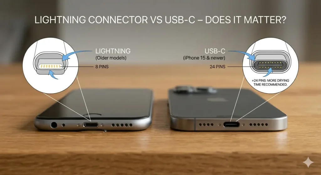 A side-by-side visual comparison of an older iPhone with a Lightning connector and a newer iPhone with a USB-C port, resting on a wooden surface. The image includes a heading titled "LIGHTNING CONNECTOR VS USB-C – DOES IT MATTER?".Magnified callouts highlight the internal pin differences: the Lightning port shows 8 pins, while the USB-C port shows 24 pins with a note stating that more drying time is recommended due to the higher pin count. Both phones are shown near the bottom edge to clearly display the charging ports.