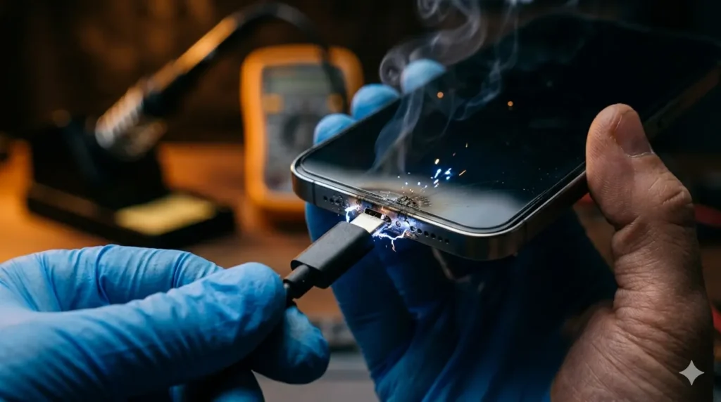 A dramatic macro close-up photograph of a smartphone's USB-C charging port, clearly showing small, chaotic electrical sparks and arcing flashing around a partially inserted charging cable. The wet port, visible with small water droplets, is actively short-circuiting, illustrating the moment components can be damaged