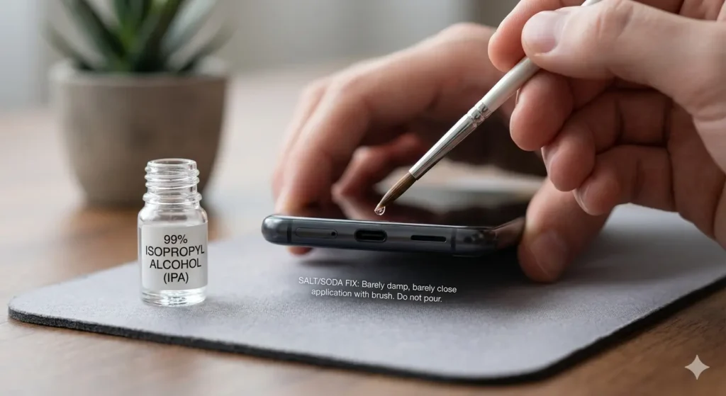 A close-up photograph featuring a person's hands using a thin, white-handled artist's brush to carefully apply a tiny droplet of 99% isopropyl alcohol (IPA) to the charging port of a dark smartphone. On the left, a small glass vial labeled "99% ISOPROPYL ALCOHOL (IPA)" stands on a grey desk mat. Small white text on the mat reads: "SALT/SODA FIX: Barely damp, barely close application with brush. Do not pour." The background is a consistent office setting with a blurred succulent plant and soft window lighting on a wooden desk.