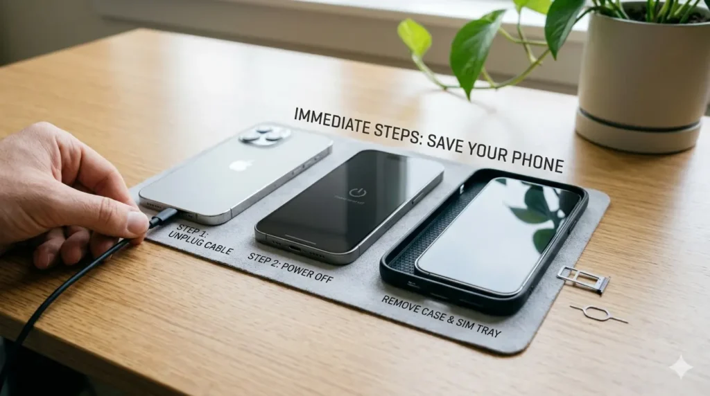 A close-up photograph set on a wooden desk, mirroring the scene in image_0.png. It features three sequential smartphone actions arranged logically. On the left, a hand, consistent with the one in image, is shown unplugging a charging cable. Below it, small white text reads "STEP 1: UNPLUG EVERYTHING". The middle smartphone is lying face-up with its screen completely powered off and dark. Below it, text reads "STEP 2: POWER OFF YOUR PHONE". The right smartphone is shown with its back panel open, a SIM card tray ejected, and its protective case lying nearby. Below it, text reads "STEP 3: REMOVE SIM CARD & CASE". The background retains the soft daylight and blurred potted plant from image.