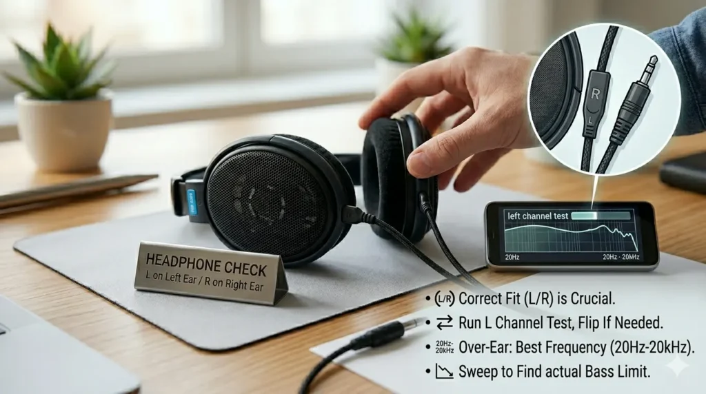A close-up photograph of a professional office desk setup, featuring black open-back over-ear headphones (Sennheiser HD 600 style) resting on a grey felt mat. A hand holds one earcup, and a metal placard reads 'HEADPHONE CHECK: L on Left Ear / R on Right Ear'. A small screen displays a 'left channel test' interface with a 20Hz-20kHz frequency graph. A magnified bubble shows a detailed illustration of a black audio cable with distinct 'L' (left) and 'R' (right) markers. Below the screen is a concise bulleted list with icons: '(L/R) Correct Fit (L/R) is Crucial.', '⇄ Run L Channel Test, Flip If Needed.', '20Hz-20kHz Over-Ear: Best Frequency (20Hz-20kHz).', and '↘ Sweep to Find actual Bass Limit.' The background is a soft blur of a wooden desk with a potted succulent and a window.
