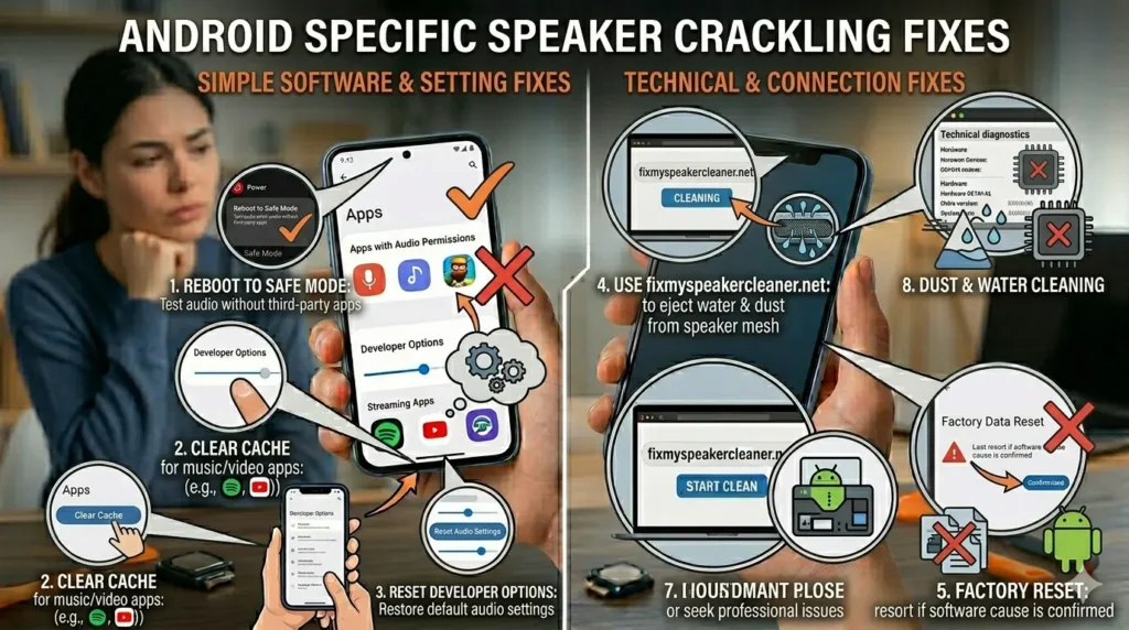 A detailed infographic-style image presented as a split-panel comparison against a home office and repair workspace background. The left panel, titled "SIMPLE SOFTWARE & SETTING FIXES," shows a thoughtful woman in the background with repair tools nearby. A series of large, magnified callout diagrams point to specific Android screens: "1. REBOOT TO SAFE MODE: Test audio without third-party apps" (Power menu with a "Safe Mode" prompt and orange checkmarks); "2. CLEAR CACHE for music/video apps" (Settings → Apps Storage with music and video icons); and "3. RESET DEVELOPER OPTIONS: Restore default audio settings" (Settings with reset gears in a thought bubble). The right panel, titled "TECHNICAL & CONNECTION FIXES," shows a hand holding a second phone with magnified callouts. These include: "4. USE fixmyspeakercleaner.net to eject water & dust from speaker mesh" (Laptop with the website and "CLEANING IN PROGRESS" connected to a phone with ejecting water droplets); "5. DUST & WATER CLEANING" (Magnified technical diagnostics on a circuit board with a chip and a red "X"); and "6. FACTORY RESET: Last resort if software cause is confirmed" (Phone with "Factory Data Reset" screen, a large red "X," a warning icon, and illustrative data loss). All labels are enlarged for clarity and ease of reading. The central visual dividing line contrasts physical and technical problems on an Android device.