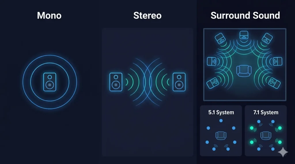 A comparative infographic diagram on a dark navy background, with glowing electric blue and teal lines, illustrating different speaker channel configurations. From left to right, the diagram is divided into three sections with titles: Mono, Stereo, and Surround Sound. The 'Mono' section features a single speaker icon with a simple concentric sound wave ring, indicating no spatial depth. The middle 'Stereo' section shows two speaker icons, one on the left and one on the right, with their sound waves meeting in the center, representing basic left-right stereo separation. The largest, right-hand 'Surround Sound' section is a top-down view of a room with six speaker icons positioned around a central listening seat in a 5.1 configuration. Glowing blue and teal sound wave rings radiate outward from each speaker toward the center seat, demonstrating an immersive audio field. Below this, two smaller sub-panels provide simplified dot diagrams for comparison: the '5.1 System' sub-panel shows six speaker dots around a central seat, and the '7.1 System' sub-panel shows eight dots, with the two extra side speakers highlighted in bright teal to show the difference. The text labels are clean and minimal.