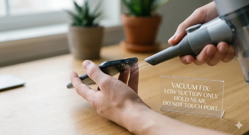 A close-up photograph showing a person's hands holding a dark smartphone horizontally while a small, grey handheld vacuum nozzle is held a safe distance away from the charging port. Tiny water droplets are shown being pulled toward the vacuum nozzle through low suction. In the foreground, a clear acrylic stand displays the text: "VACUUM FIX: LOW SUCTION ONLY. HOLD NEAR, DO NOT TOUCH PORT." The background maintains the consistent office theme with blurred potted plants on a wooden desk under soft natural light.