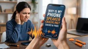 A first-person view of a person holding a smartphone that displays the blog title "Why Is My Phone Speaker Crackling? Causes & Fixes" on the screen. To the left, a woman sits at a desk looking distressed and covering her ear, while jagged, orange "crackling" sound wave graphics emanate from the phone. On the desk, various small smartphone repair tools, like a screwdriver and prying tool, are visible.
