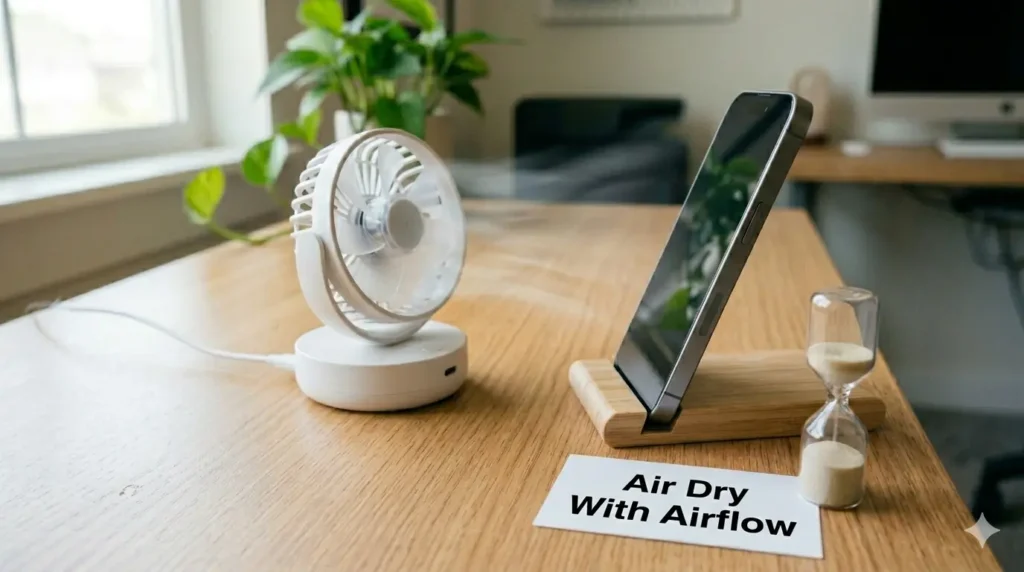 A close-up photograph of a modern smartphone resting vertically in a simple wooden stand on a light-wood desk. To its left, a small, matte-white desk fan is actively running on low speed, directing a gentle current of air toward the phone. On the right, a small sand hourglass stands next to a small white card with neat, clear black text that reads: "Air Dry With Airflow". The background features a blurred potted green plant and soft, directional window light from the left, highlighting the textures of the desk, fan, and phone case. The scene is clean and focused, demonstrating a methodical and non-heat-based drying method, consistent with the safe fixing steps seen throughout the guide