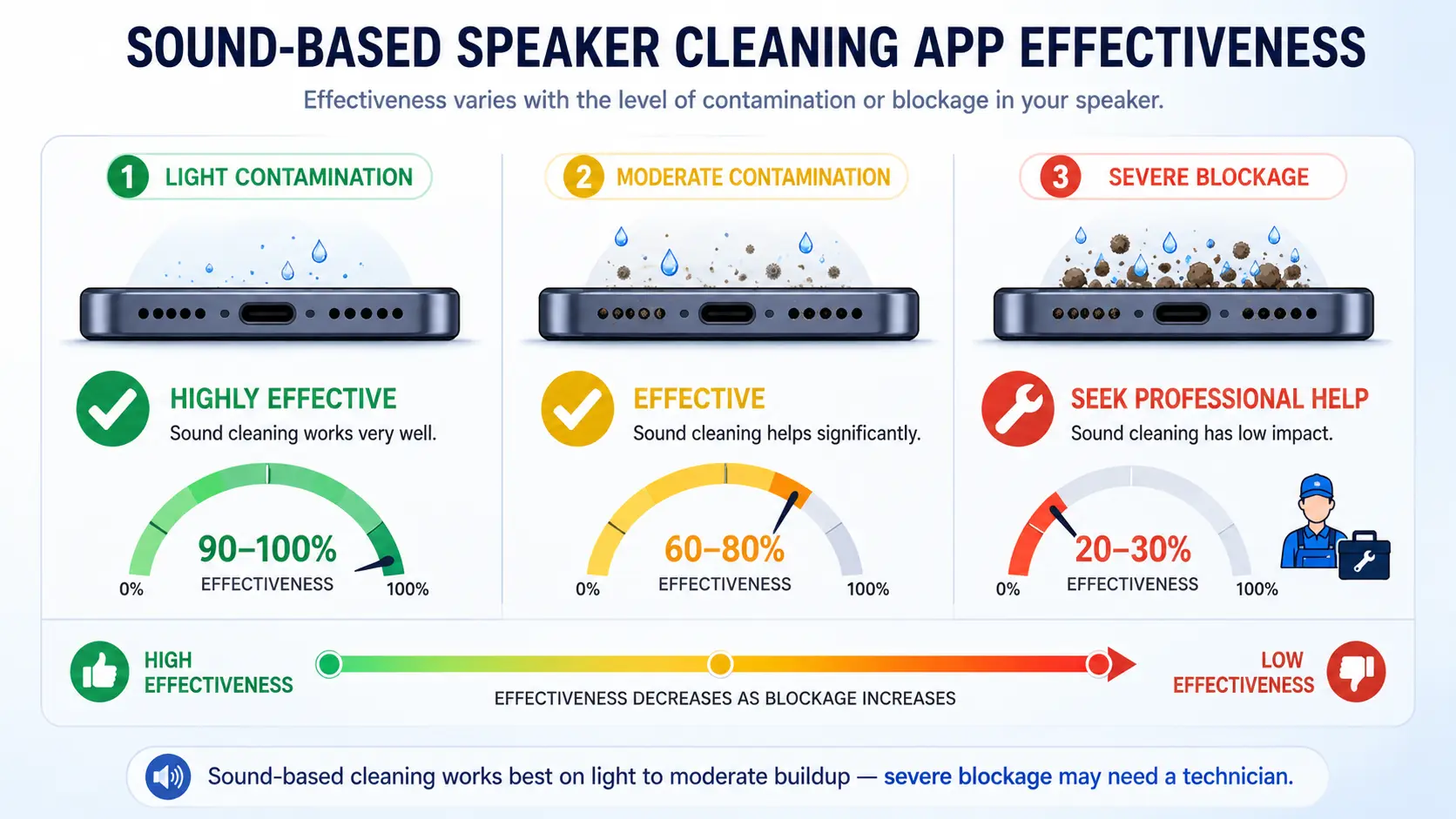 16:9 infographic showing the effectiveness of a sound-based speaker cleaning app across three levels of blockage. The image is divided into three panels. The first panel shows a smartphone speaker with light dust and water droplets labeled ‘Light Contamination,’ marked with a green check and ‘Highly Effective,’ with a gauge reading 90–100%. The second panel shows moderate dust and droplets labeled ‘Moderate Contamination,’ with a yellow check and ‘Effective,’ and a gauge reading 60–80%. The third panel shows a heavily clogged speaker with debris and water labeled ‘Severe Blockage,’ marked with a red wrench icon and ‘Seek Professional Help,’ with a gauge reading 20–30% and a technician icon. Below the panels is a horizontal gradient bar transitioning from green to yellow to red, indicating decreasing effectiveness as blockage increases. The design uses a clean, modern flat style with a white to light blue gradient background and bold sans-serif text.