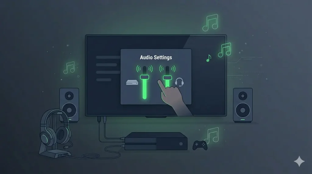A stylized dark-themed illustration of a generic video game console connected to a large television screen, flanked by two stereo speakers. On the TV, an 'Audio Settings' overlay shows two vertical volume sliders being adjusted by a human hand; one for the console (labeled with a generic console icon) and one for a connected headset (labeled with a headphone icon), both glowing green to indicate active adjustment. A pair of detailed over-ear headphones sit on a stand to the lower left, and a game controller is on the lower right, with floating glowing green music notes scattered around, suggesting high-quality audio output. The background has subtle integrated circuit details.