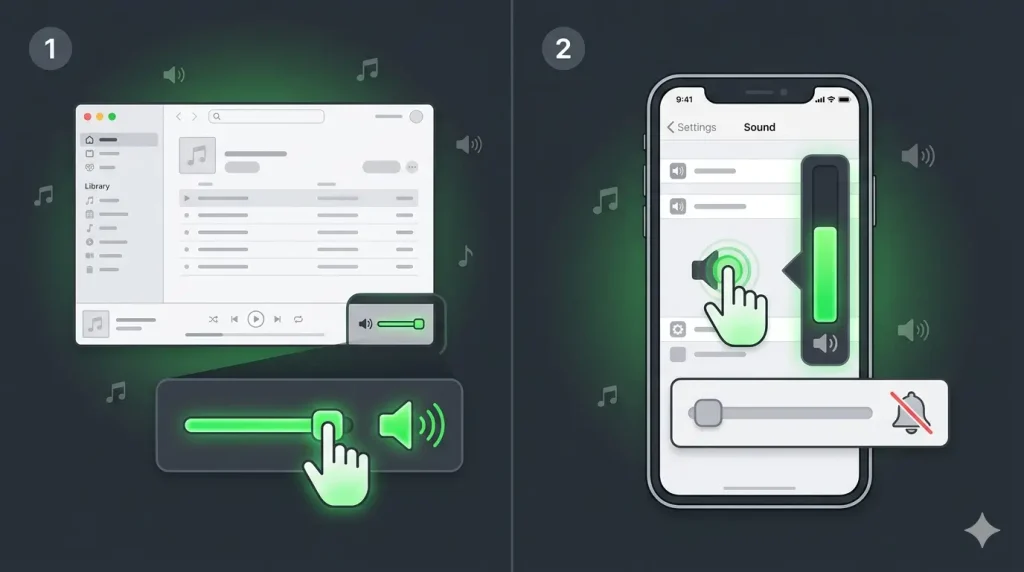 Two-step guide showing how to increase Spotify volume — desktop volume slider pushed to max in step 1, and mobile system sound settings with media volume raised separately from ringtone in step 2.