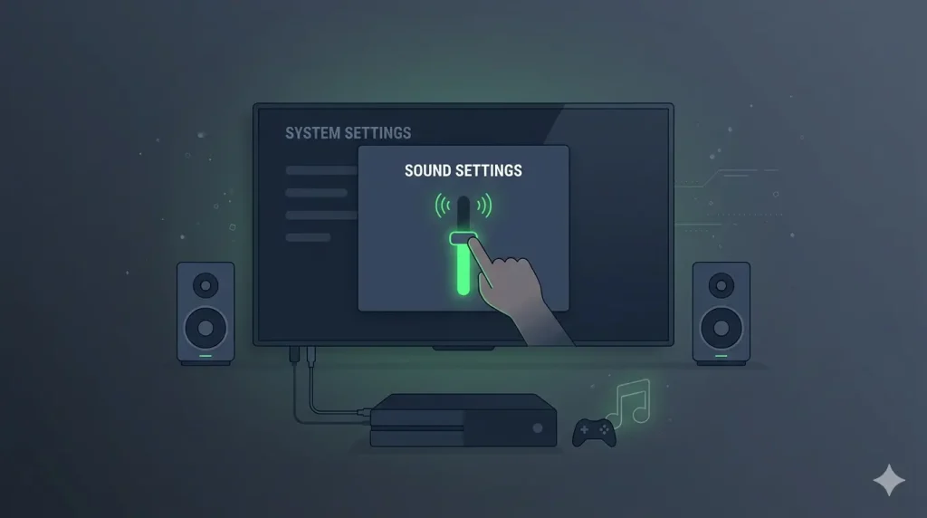 A dark, stylized illustration of a home entertainment setup. At the center, a large television screen displays a 'SYSTEM SETTINGS' menu with an overlay window. Inside the overlay, under the title 'SOUND SETTINGS', a human hand with a index finger is pointing to and adjusting a vertical green volume slider with radiating wave icons. Below the TV is a game console, flanked by two stereo speakers with small green power indicators. Cables connect the console to the TV and speakers. Scattered glowing green music note icons and small particle effects suggest audio output, and a simple video game controller silhouette sits near the console on the lower right, all against a dark gray background with subtle tech patterns.
