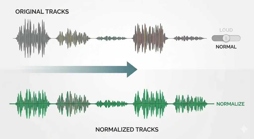 A diagram illustrating the concept of audio normalization. It is divided into two sections. The top section, labeled "ORIGINAL TRACKS", shows a horizontal row of five gray audio waveforms of varying heights and dynamic ranges. An arrow points downwards to the bottom section, labeled "NORMALIZED TRACKS". This section displays the same five waveforms but with a consistent medium height and dynamic range, all colored green. A horizontal "NORMALIZE" line passes through the center of all the green waveforms. At the top right, a simple audio toggle switch icon is set to the middle "NORMAL" position, with the "LOUD" option grayed out. The entire image has a clean, professional vector illustration style against a neutral gray gradient background.