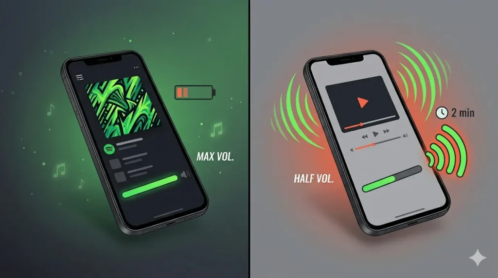 A split-screen illustration comparing two modern smartphones. On the left side, with a dark background, a phone displays a music playlist with vibrant green and black abstract art. It is labeled "MAX VOL." and "MAX BATT.", showing a full green volume bar and a nearly full green battery icon. On the right side, with a light gray background, a second phone displays a video player interface (resembling YouTube) with a prominent play button. It is labeled "HALF VOL.", showing a half-filled green volume bar, and a low battery icon. Radiating green audio waves are visible around the speaker area of the second phone, and there is a time stamp icon showing "2 min." Both phones are shown at a three-quarter angle.