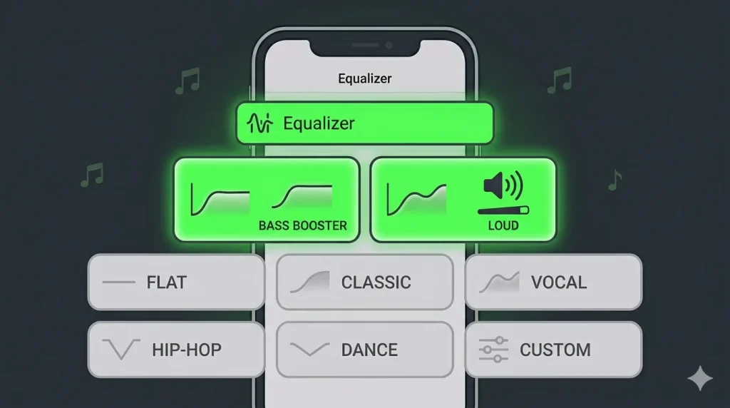 A illustration of an iPhone displaying a sound equalizer settings screen. Large green rectangular highlights accentuate options for 'Bass Booster' and 'Loud', indicating they are selected. Below these, additional white buttons list alternative equalizer modes: 'Flat', 'Hip-Hop', 'Classic', 'Dance', 'Vocal', and 'Custom'. Small music note icons float around the device on a dark background.