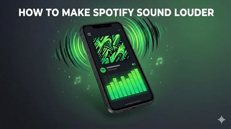 How to Make Spotify Sound Louder 12 An image shows an iPhone displaying the Spotify music player, featuring abstract green and black artwork. Pulsating green circular soundwaves emanate from the phone, along with several green glowing musical note symbols. Large white text at the top reads, 'HOW TO MAKE SPOTIFY SOUND LOUDER.'
