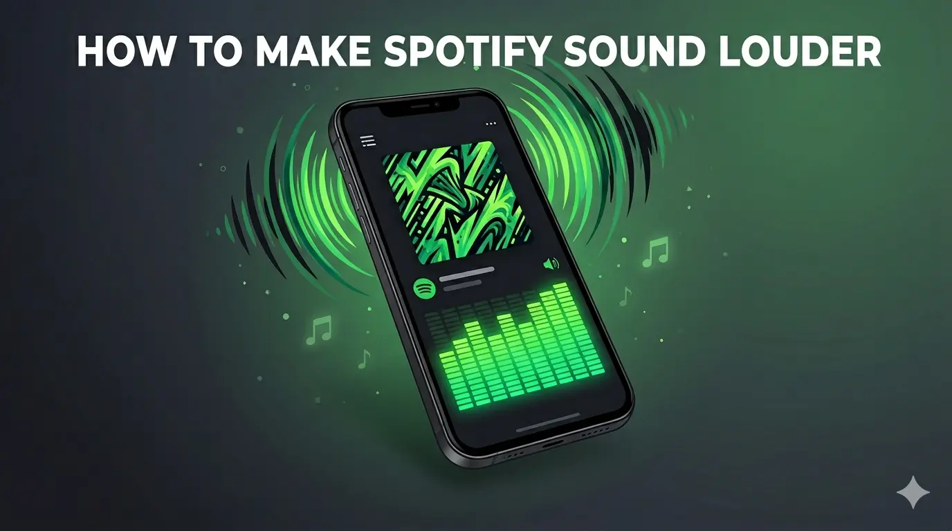 An image shows an iPhone displaying the Spotify music player, featuring abstract green and black artwork. Pulsating green circular soundwaves emanate from the phone, along with several green glowing musical note symbols. Large white text at the top reads, 'HOW TO MAKE SPOTIFY SOUND LOUDER.'