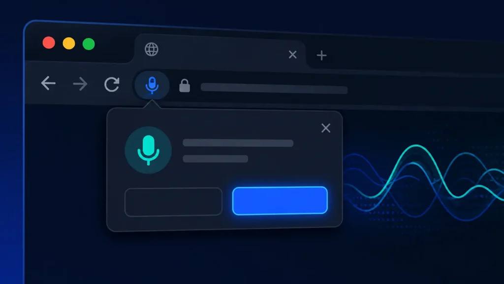 mic test 1 A modern microphone test illustration featuring a browser permission popup, highlighted Allow button, and dark navy interface with electric blue and teal accents.