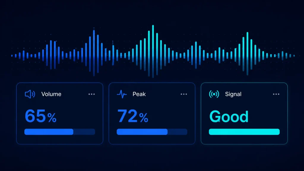 mic test 2 dashboard illustration showing volume, peak, and signal metrics with animated waveform bars in a clean dark UI design.