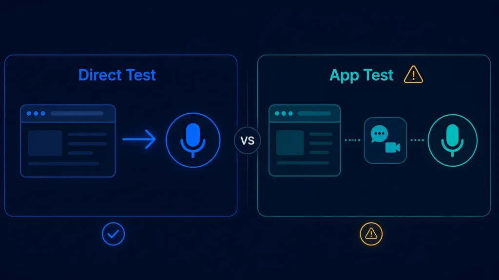 mic test 3 Compare direct browser microphone testing with app-based testing to understand how each mic test method checks your microphone and audio connection.