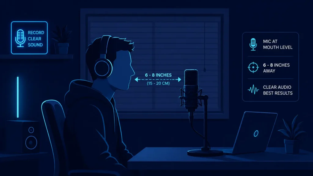mic test 5 Learn the correct microphone position for clear audio. Keep your mic at mouth level and 6–8 inches away for better recording quality.